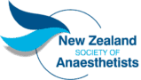 Logo of the New Zealand Society of Anaesthetists, featuring two stylized overlapping blue koru shapes forming a circular motion, with the organization’s name in blue text to the right.